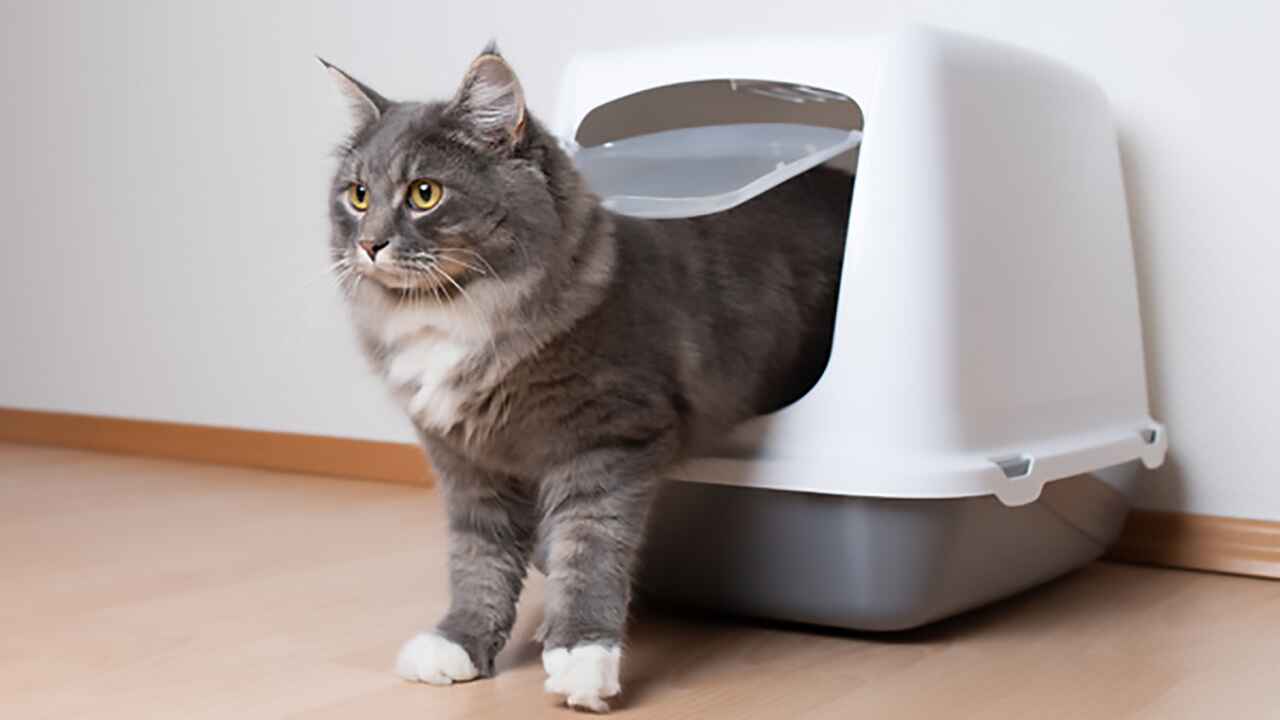 Gray cat in litter box